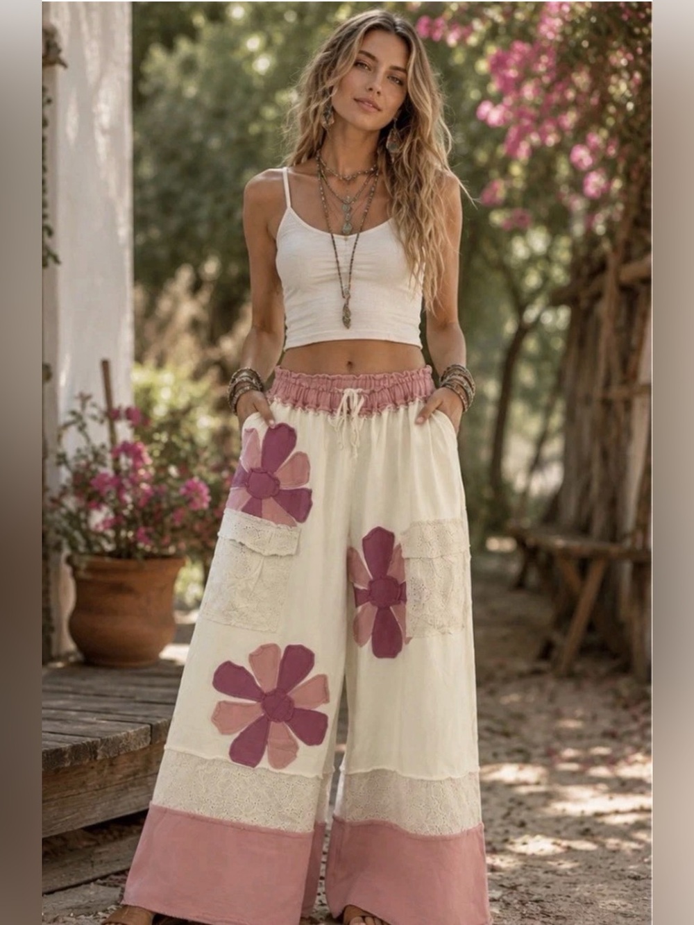 Blue Velvet NEW Wide-Leg Pants in Cream & Pink with beautiful floral appliqués